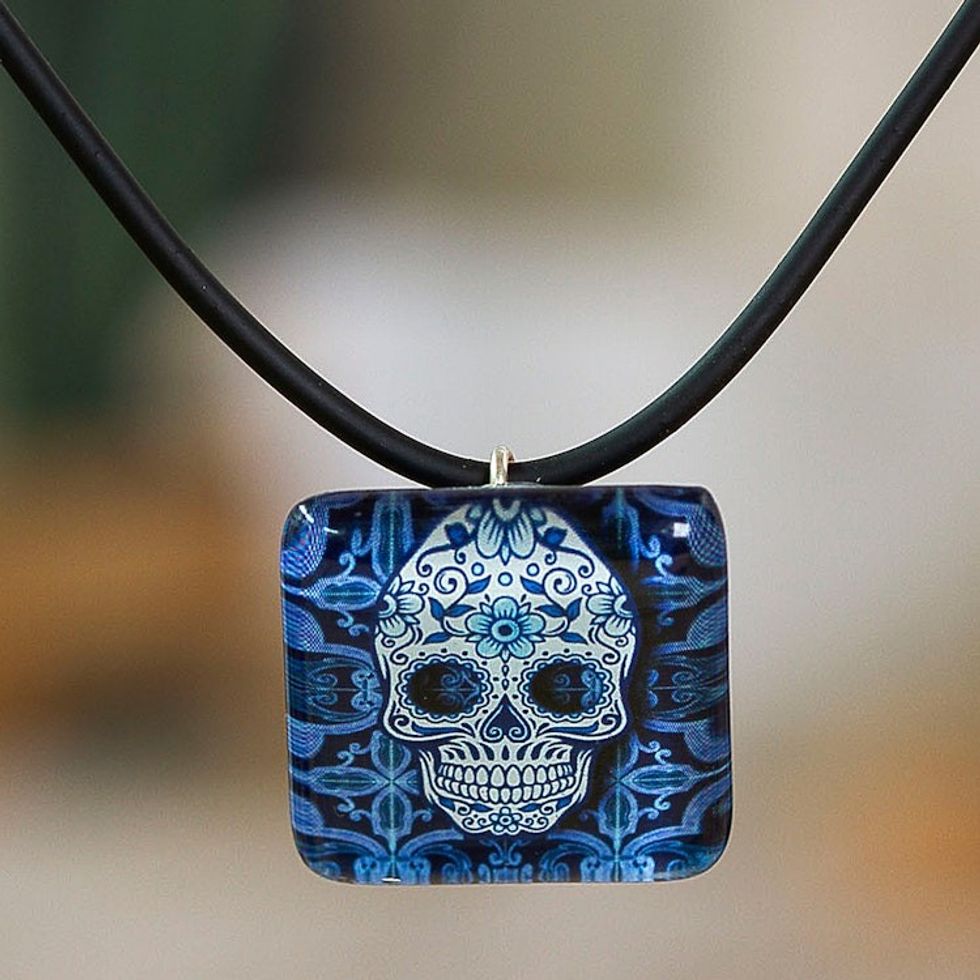 Decoupage on Glass Day of the Dead Skull Pendant Necklace 'Stunning Skull'