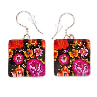 Alternate image for Decoupage on Glass Floral Oaxaca Embroidery Dangle Earrings Oaxacan Garden