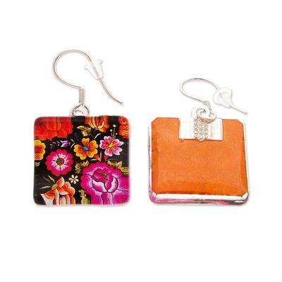 Alternate image for Decoupage on Glass Floral Oaxaca Embroidery Dangle Earrings Oaxacan Garden