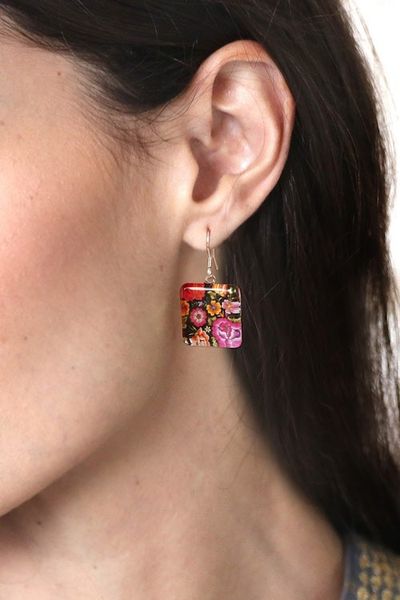 Alternate image for Decoupage on Glass Floral Oaxaca Embroidery Dangle Earrings Oaxacan Garden