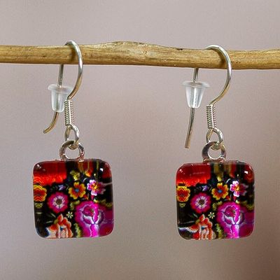 Alternate image for Decoupage on Glass Earrings with Oaxaca Embroidery Motif Petite Oaxacan Garden