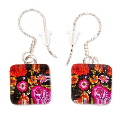 Alternate image for Decoupage on Glass Earrings with Oaxaca Embroidery Motif Petite Oaxacan Garden