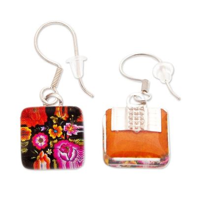 Alternate image for Decoupage on Glass Earrings with Oaxaca Embroidery Motif Petite Oaxacan Garden