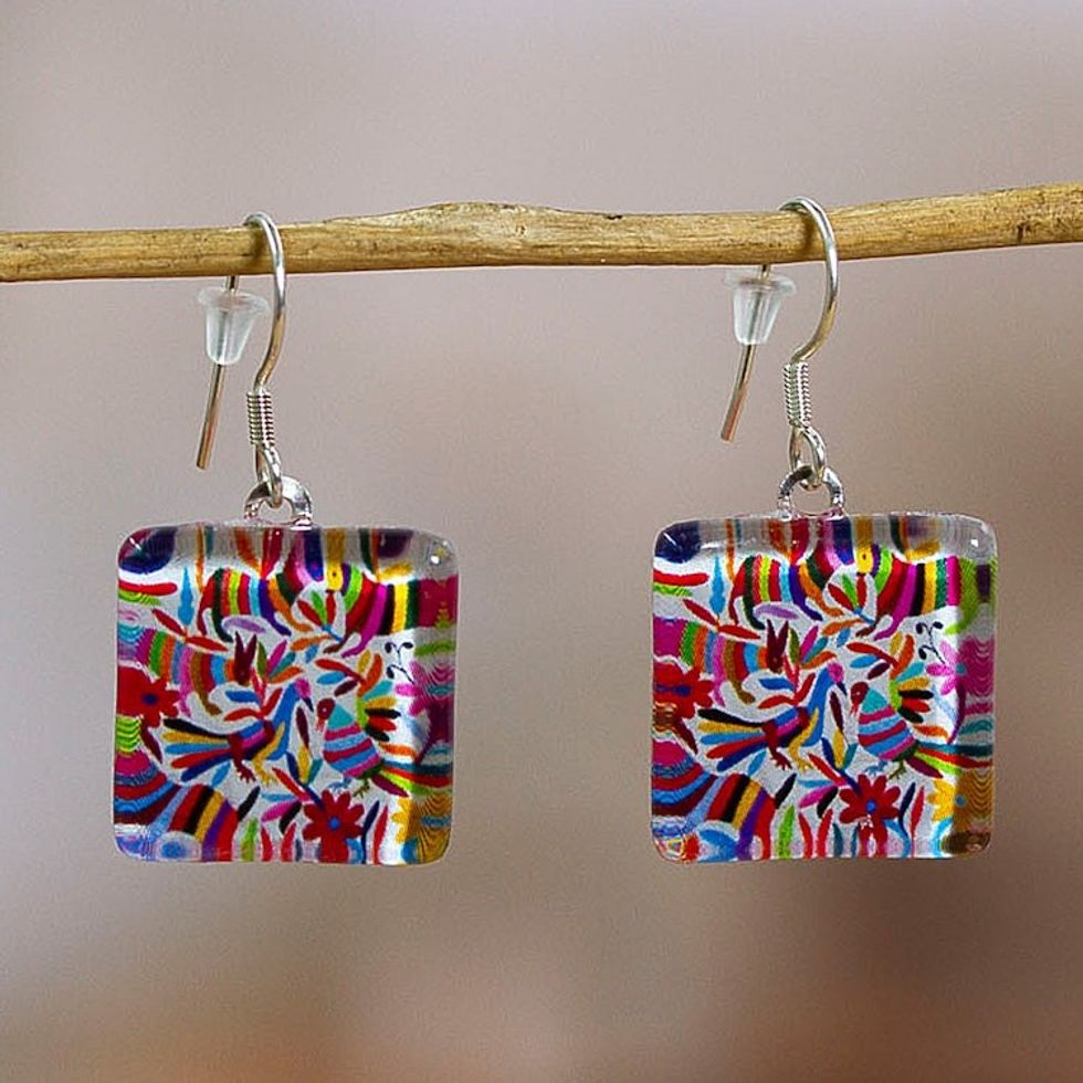 Decoupage on Glass Otomi Tenango Embroidery Dangle Earrings 'Otomi Embroidery'