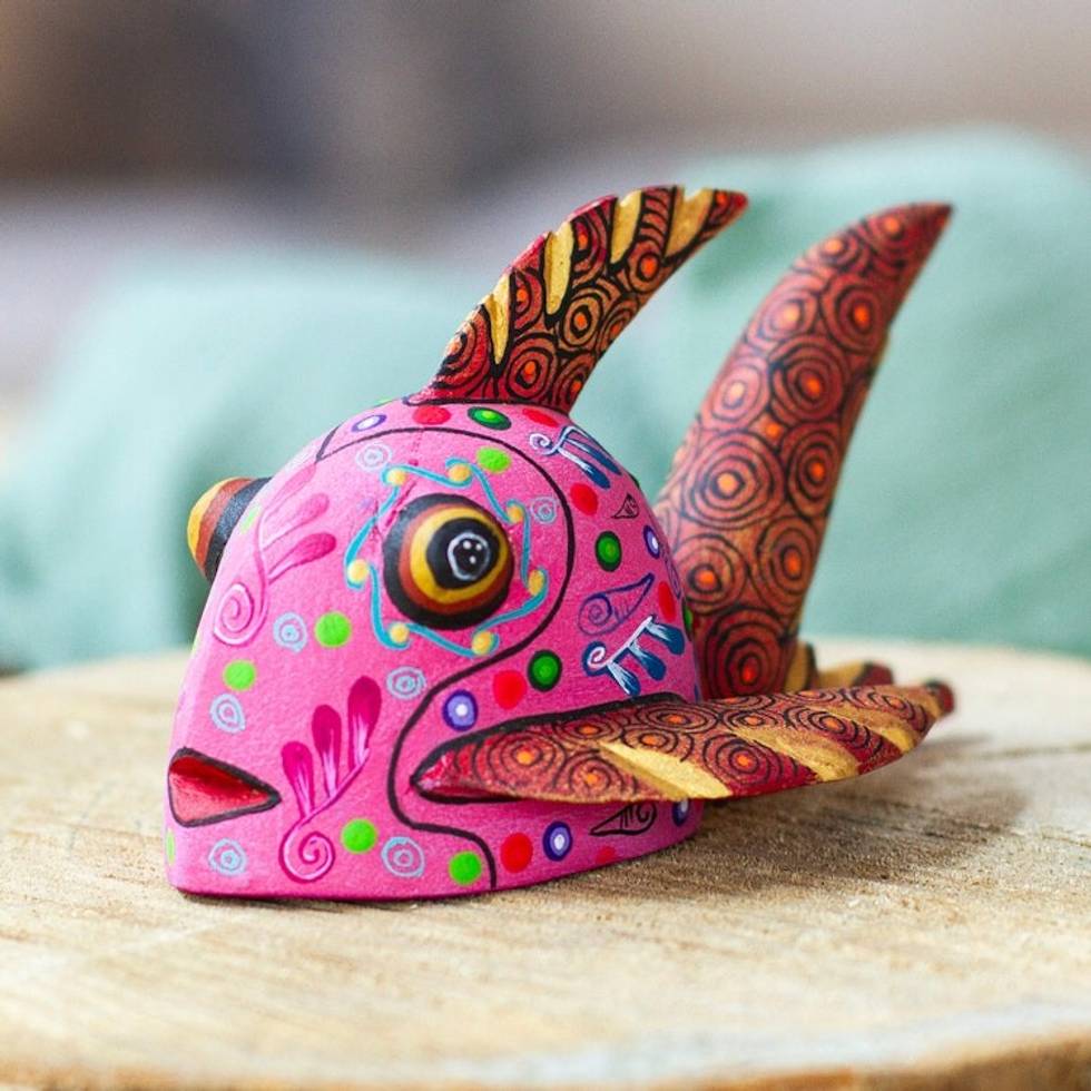 Mexican Hand-Painted Hot Pink Fish Wood Alebrije Figurine 'Hot Pink Fish'