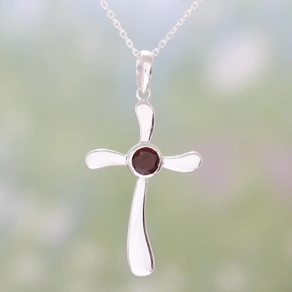 Garnet and Sterling Silver Indian Cross Pendant Necklace 'Heavenly Cross in Red'