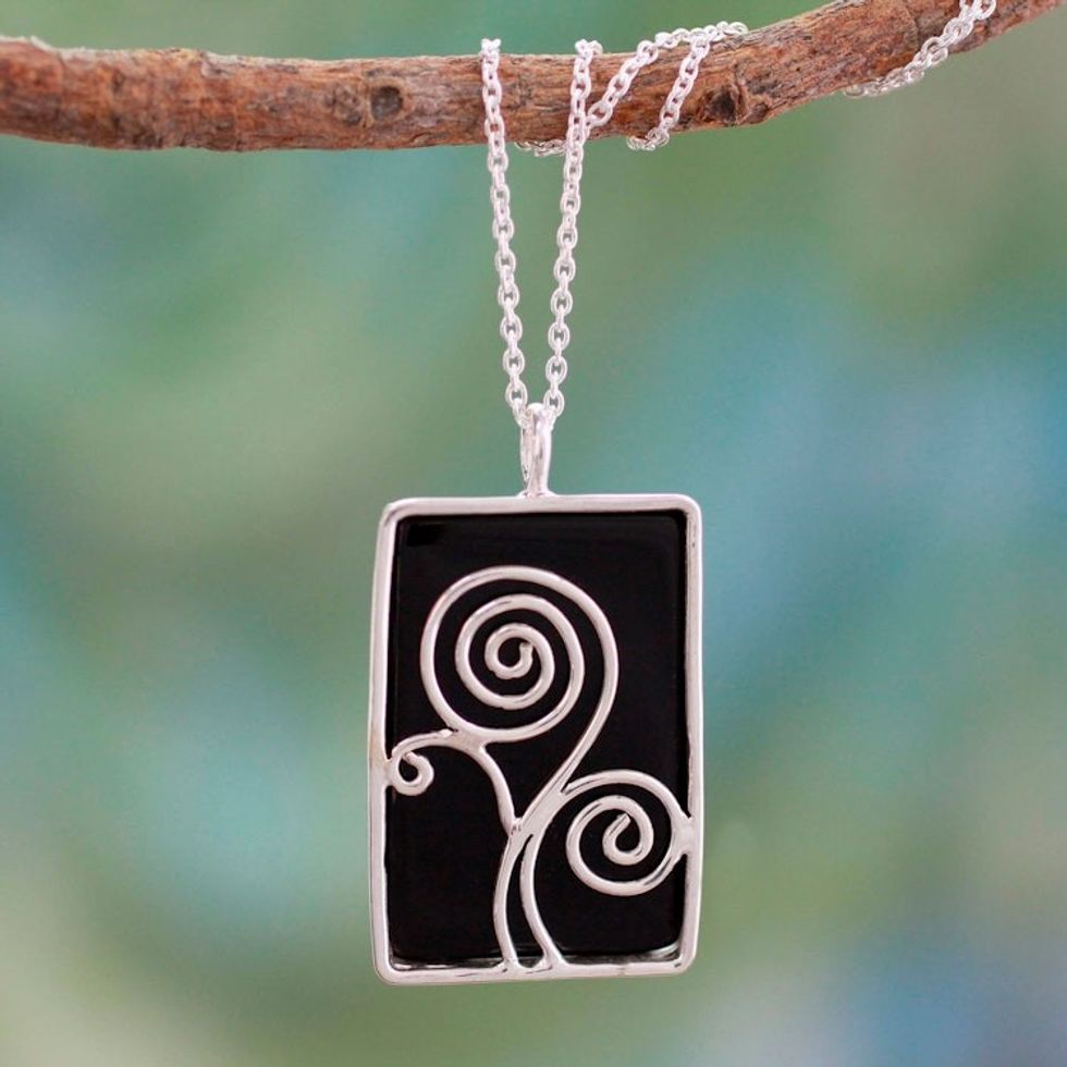 Sterling Silver and Onyx Necklace Indian Modern Jewelry 'Happy Tree'