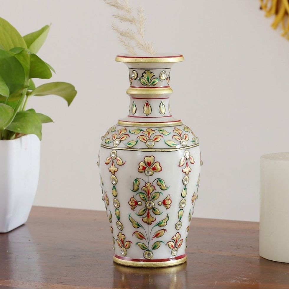 Floral Hand-Painted Marble Decorative Vase in Golden and Red 'Palace of the Noble'