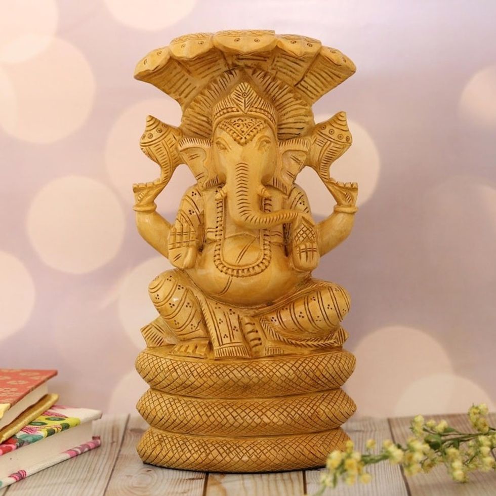 Ganesha and Serpent-Themed Kadam Wood Sculpture from India 'Seshnag'