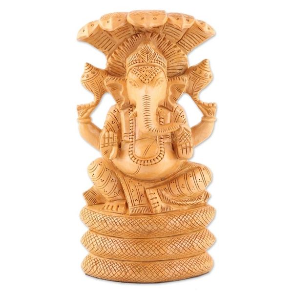 Alternate image for Ganesha and Serpent-Themed Kadam Wood Sculpture from India Seshnag
