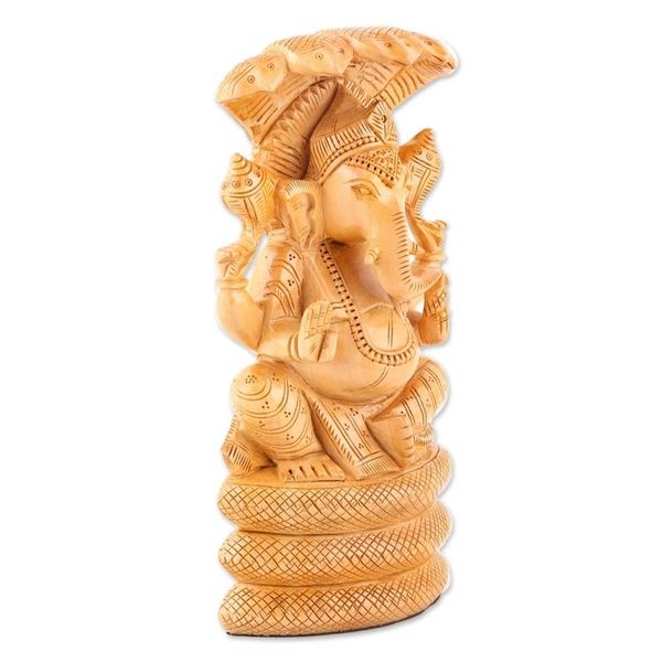 Alternate image for Ganesha and Serpent-Themed Kadam Wood Sculpture from India Seshnag