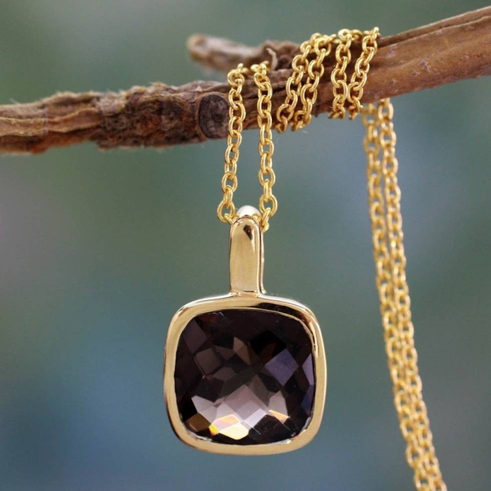 Hand Made Gold Vermeil Faceted Smoky Quartz Necklace 'Modern Charm'