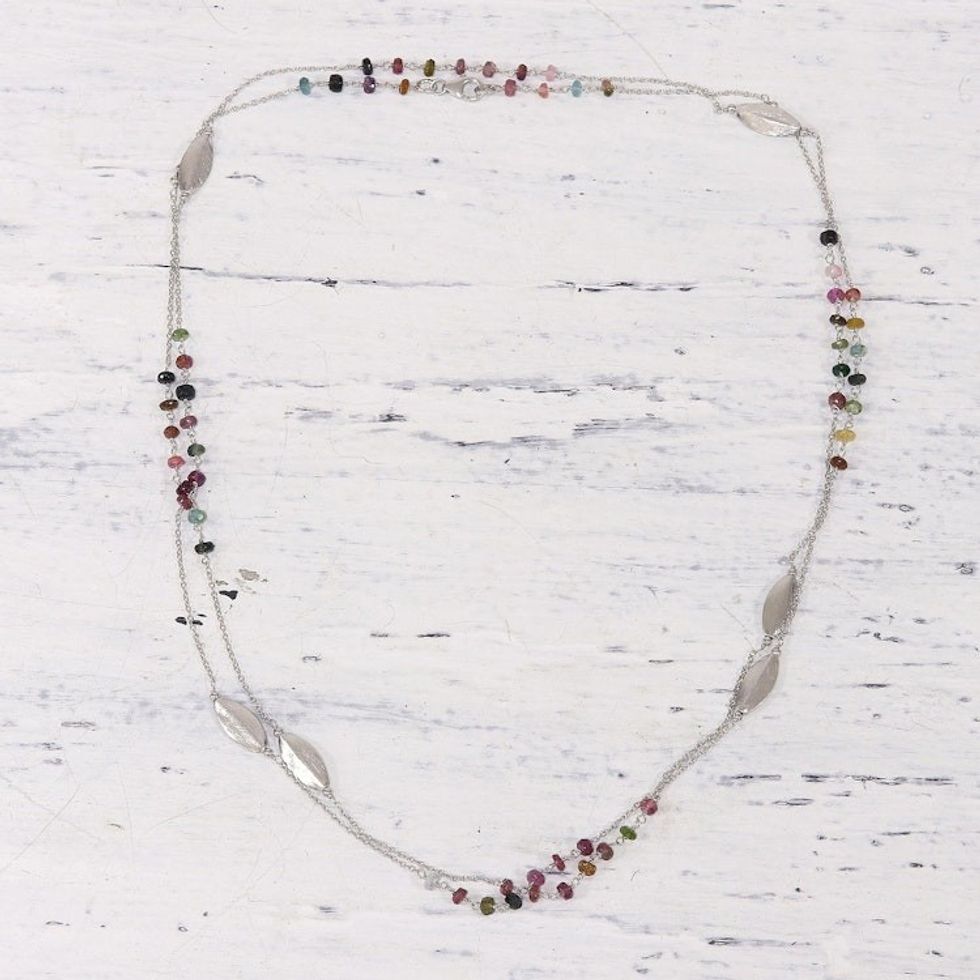Tourmaline and Sterling Silver Station Necklace from India 'Shining Delight'