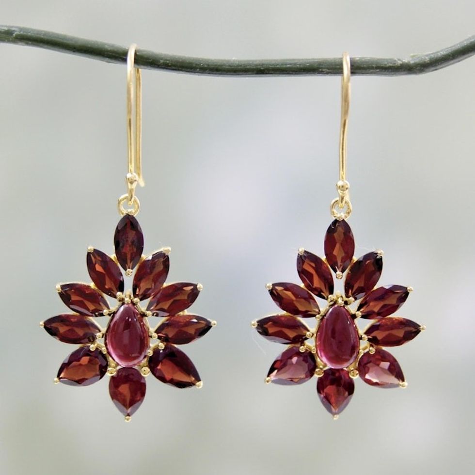 Hand Crafted 18k Gold Plated Earrings with Garnets 'Claret Sunburst'