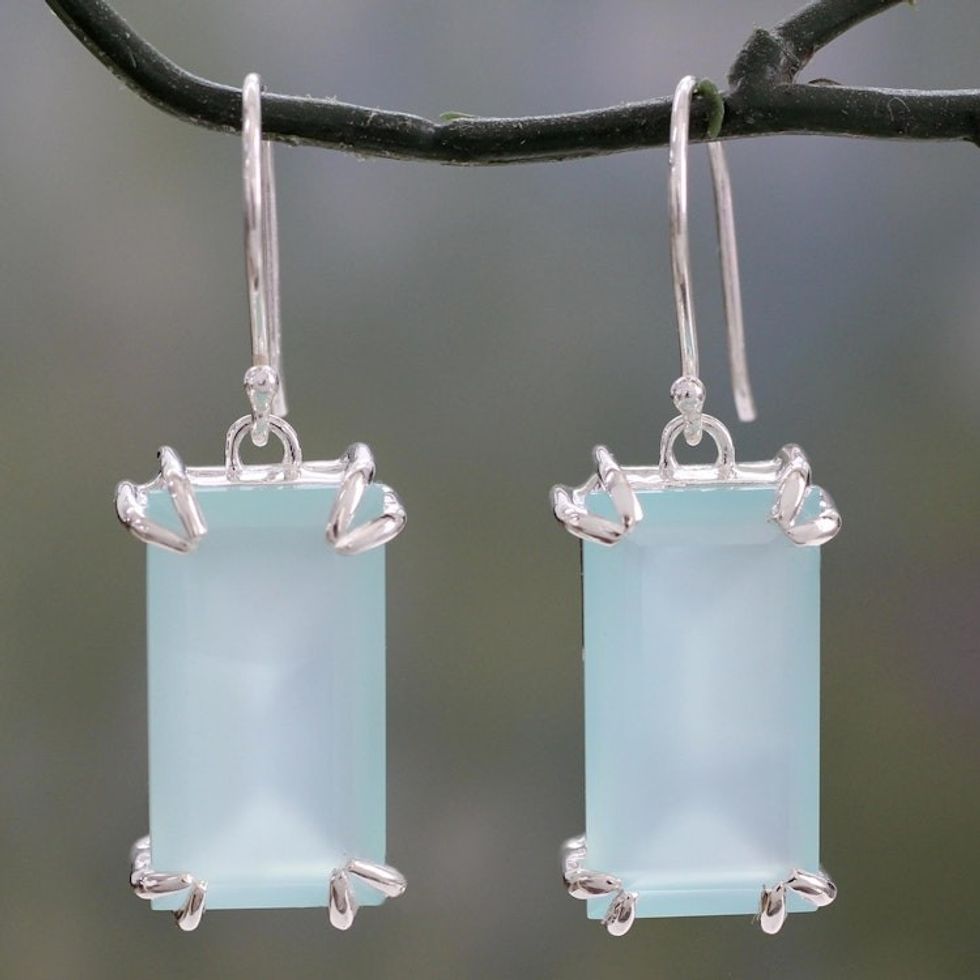 Handmade Chalcedony Dangle Earrings from India 'Aqua Chic'