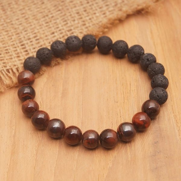 Alternate image for Black Lava Stone and Brown Agate Beaded Stretch Bracelet Quiet Volcano