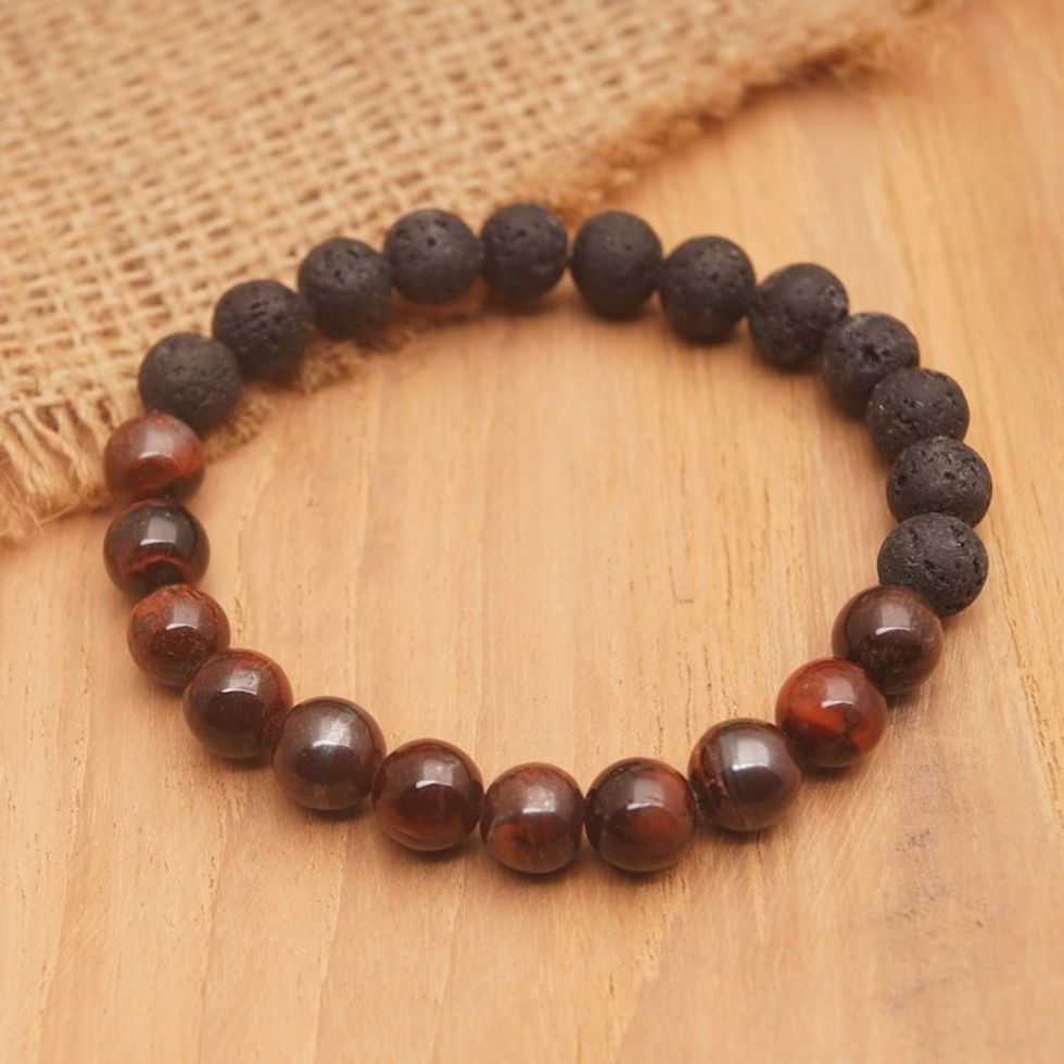 Black Lava Stone and Brown Agate Beaded Stretch Bracelet 'Quiet Volcano'