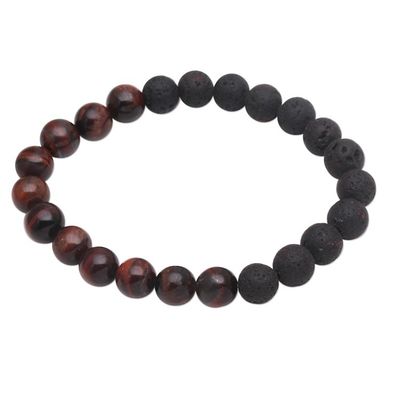 Alternate image for Black Lava Stone and Brown Agate Beaded Stretch Bracelet Quiet Volcano