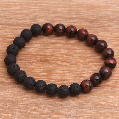 Alternate image for Black Lava Stone and Brown Agate Beaded Stretch Bracelet Quiet Volcano