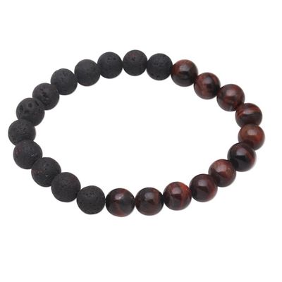 Alternate image for Black Lava Stone and Brown Agate Beaded Stretch Bracelet Quiet Volcano