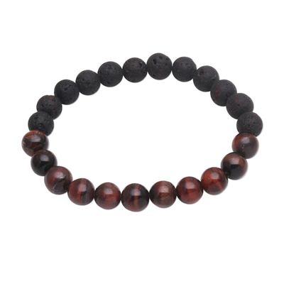 Alternate image for Black Lava Stone and Brown Agate Beaded Stretch Bracelet Quiet Volcano