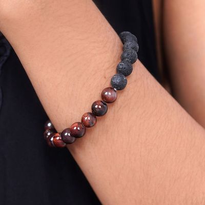 Alternate image for Black Lava Stone and Brown Agate Beaded Stretch Bracelet Quiet Volcano
