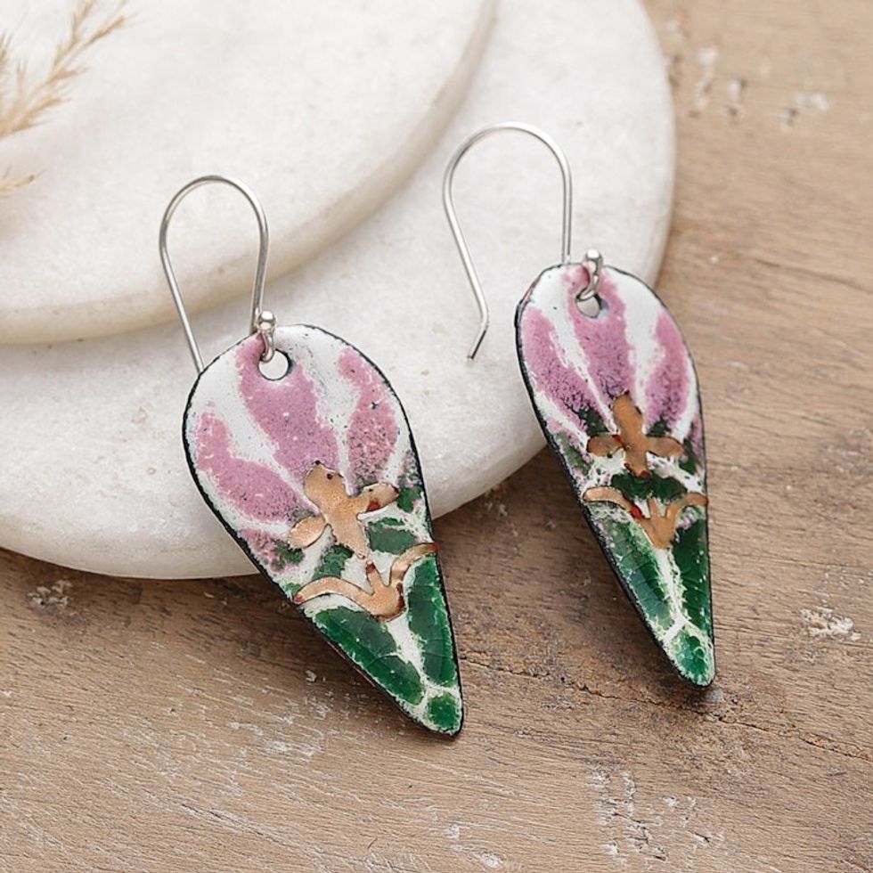 Abstract Floral Vitreous Enamel on Copper Dangle Earrings 'Bold Blooming Beauty'