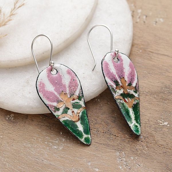 Alternate image for Abstract Floral Vitreous Enamel on Copper Dangle Earrings Bold Blooming Beauty