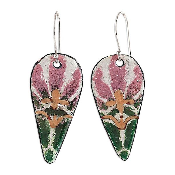 Alternate image for Abstract Floral Vitreous Enamel on Copper Dangle Earrings Bold Blooming Beauty