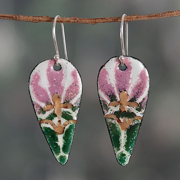 Alternate image for Abstract Floral Vitreous Enamel on Copper Dangle Earrings Bold Blooming Beauty