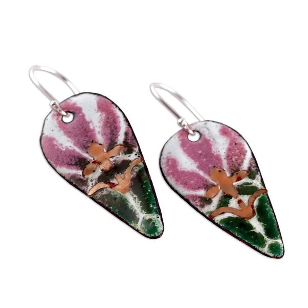Alternate image for Abstract Floral Vitreous Enamel on Copper Dangle Earrings Bold Blooming Beauty