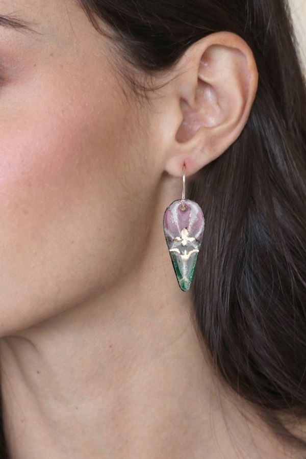 Alternate image for Abstract Floral Vitreous Enamel on Copper Dangle Earrings Bold Blooming Beauty