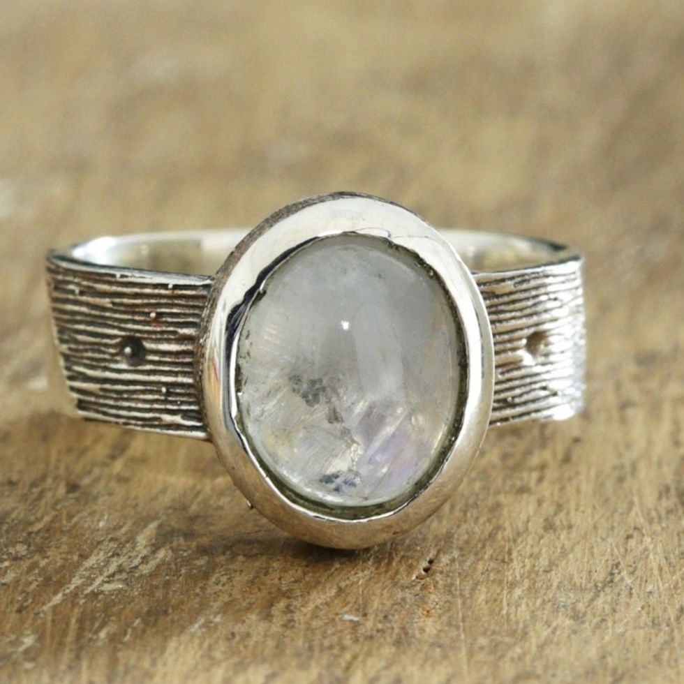 Sterling Silver Single Stone Ring with Natural Moonstone 'Celestial Elegance'