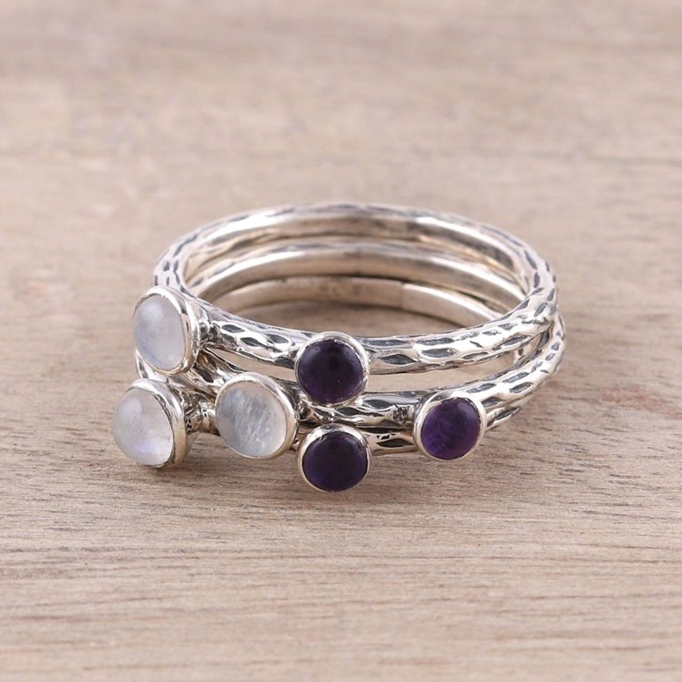 Three Rainbow Moonstone and Amethyst Stacking Rings 'Mystic Union'
