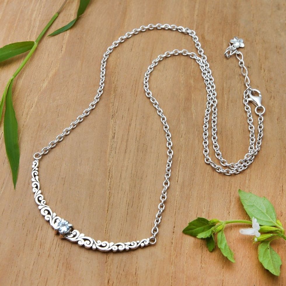 Blue Topaz Silver Pendant Necklace with Leaf Motifs 'Graceful Bloom'