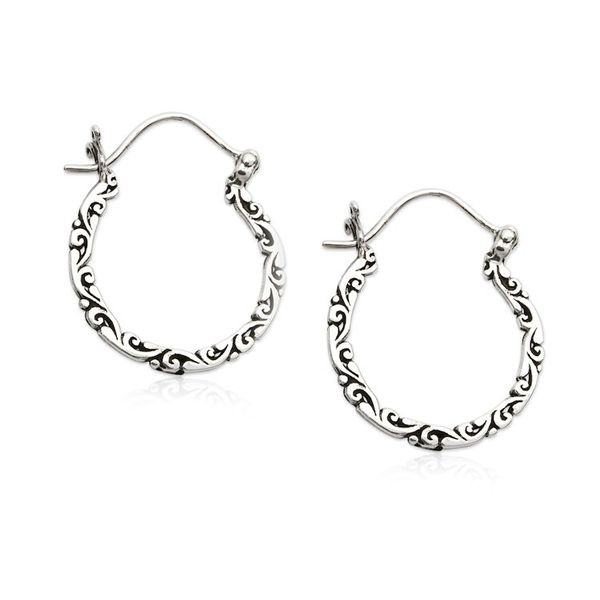 Alternate image for Vine-Themed Oxidized Polished Sterling Silver Hoop Earrings Vintage Air