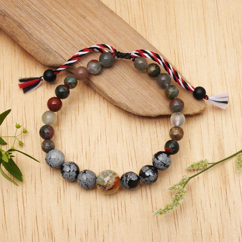 Men's Bloodstone Obsidian Aquamarine Onyx Tridatu Bracelet 'Tridatu Balance'