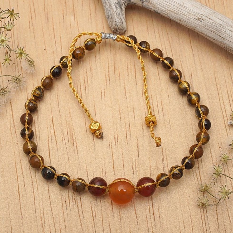 Tiger's Eye and Aquamarine Beaded Bracelet in Warm Hues 'Self Fire'