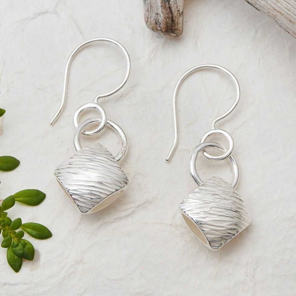 Geometric Textured Modern Silver Dangle Earrings from Bali 'Chic Cushion'