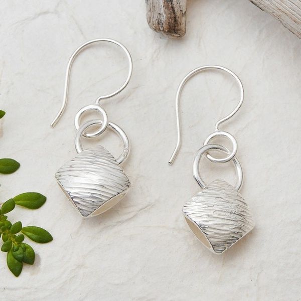 Alternate image for Geometric Textured Modern Silver Dangle Earrings from Bali Chic Cushion