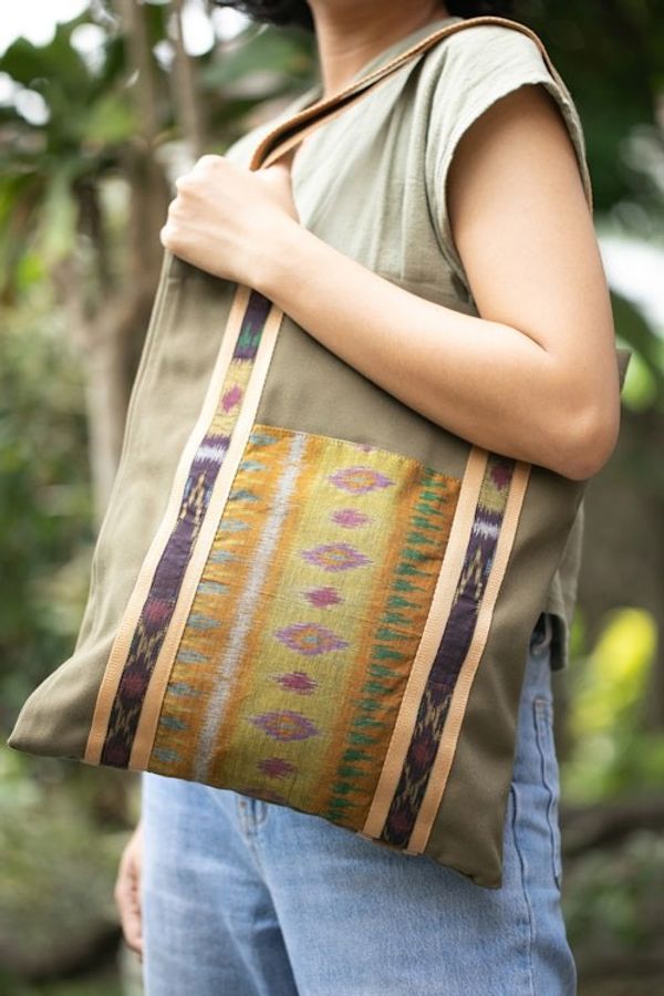 Alternate image for Ikat-Themed Olive Cotton Canvas Tote Bag Crafted in Bali Island Olive
