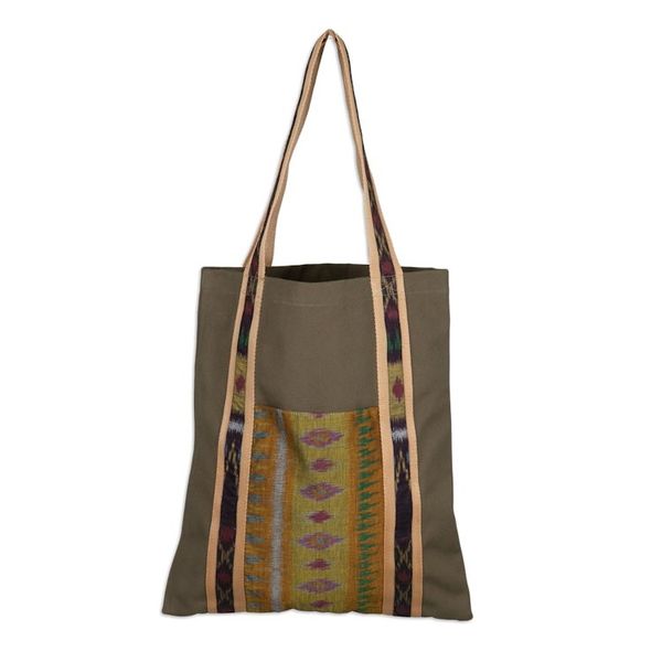 Alternate image for Ikat-Themed Olive Cotton Canvas Tote Bag Crafted in Bali Island Olive