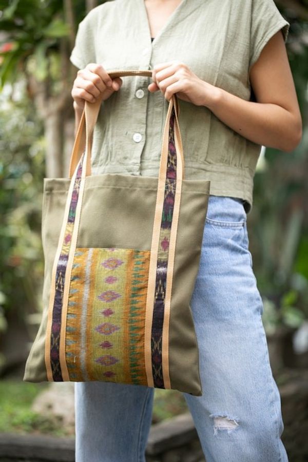 Alternate image for Ikat-Themed Olive Cotton Canvas Tote Bag Crafted in Bali Island Olive