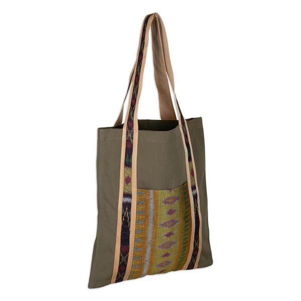 Alternate image for Ikat-Themed Olive Cotton Canvas Tote Bag Crafted in Bali Island Olive