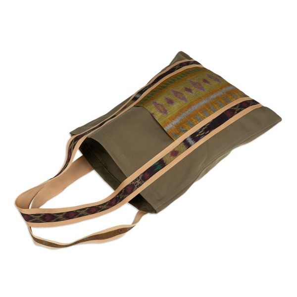 Alternate image for Ikat-Themed Olive Cotton Canvas Tote Bag Crafted in Bali Island Olive