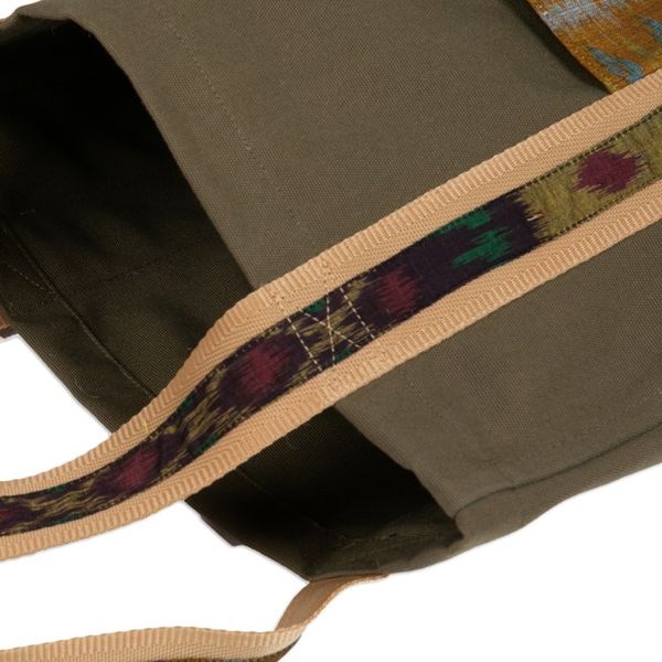 Alternate image for Ikat-Themed Olive Cotton Canvas Tote Bag Crafted in Bali Island Olive