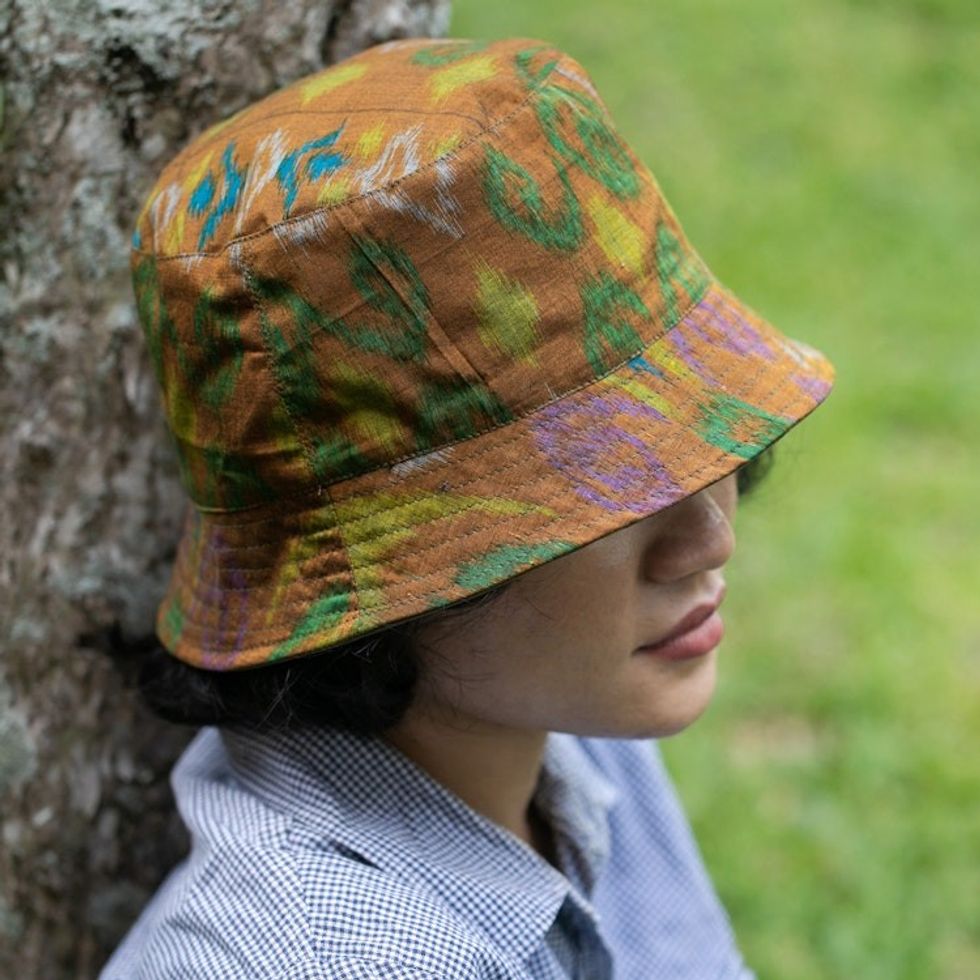 Balinese Ikat-Themed 100 Cotton Bucket Hat in Sepia Hues 'Sepia Denpasar'