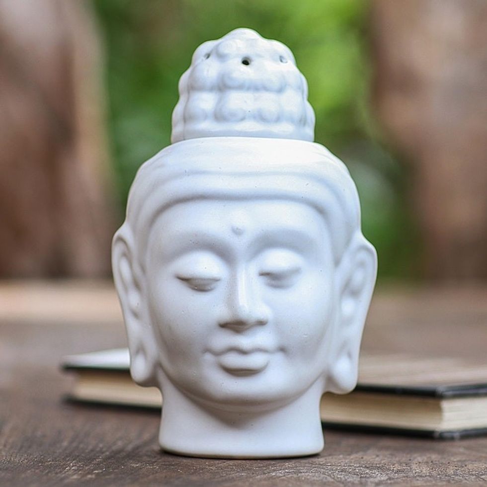 Artisan Crafted Buddha-Themed Ceramic Oil Warmer 'Buddha Burner'