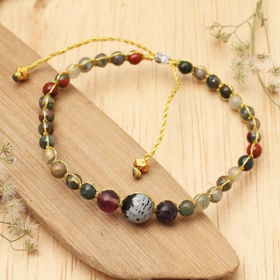Balinese Multi-Gemstone Beaded Bracelet with Golden Beads 'Brave Life'