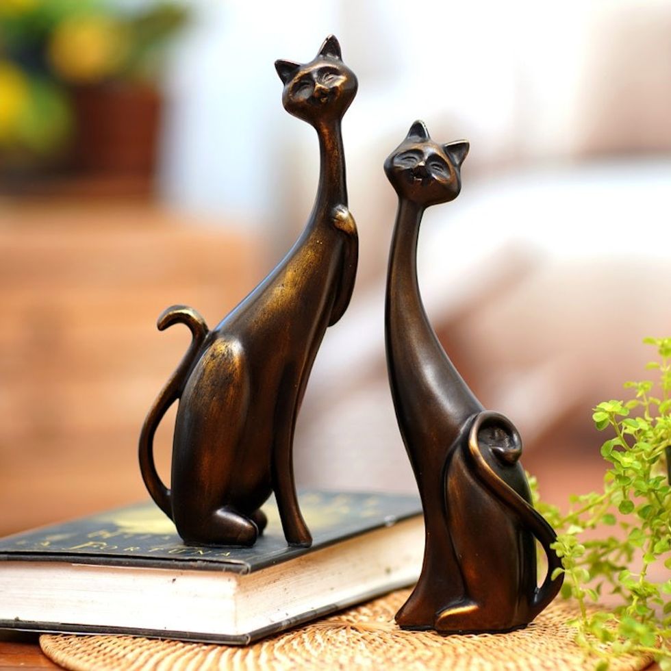Set of 2 Golden Cement and Lava Sand Cat Sculptures 'Fanciful Felines'